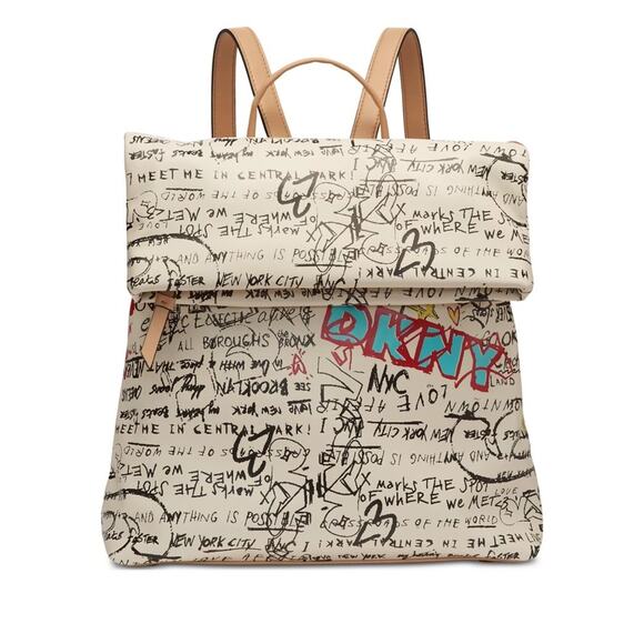 DKNY Graffiti White Iconic Tilly Foldover Backpack Bag New Without Tags - Picture 1 of 11